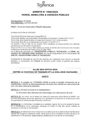 ARRETE 1996 2026 - 10 ANS DE L'ABEILLE TALENCAISE - ALLEE DES PETITS ROIS LE 17 10 2026 - Publié Le 15 09 2026