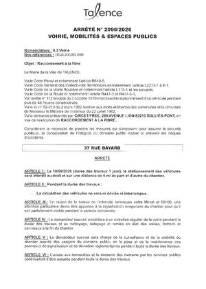 Arrete 2096 2026 Raccordement Fibre 37 Rue Bayard Le 18 09 2026 Publié Le 15 09 2026