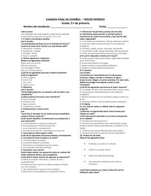 Examen Final De Español Del Tercer Periodo 5 Grado