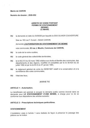 ARRETE DE BENNE_63 RUE JEAN MOULIN_ENT SAS OLIVIER COUVERTURE