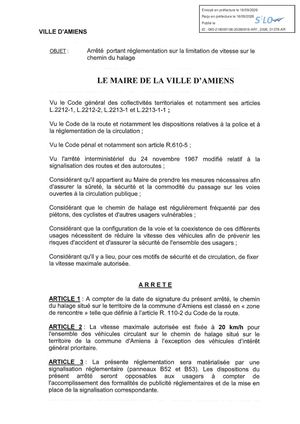 Ar1 2026 01378 Arrêté Portant Réglementation Sur La Limitation De Vitesse Sur Le Chemin Du Halage, Publié Le 16 09 2026