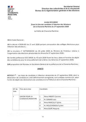 Arrêté Du 11 Septembre 2026 Fixant La Liste De Candidats à L'élection Sénatoriales