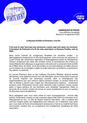 Communiqué - Fermeture de Portevent et du Nouveau Pavillon