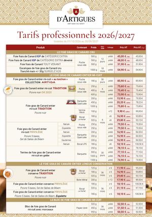 D'artigues Tarifs 2027 Professionnel