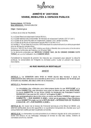 ARRETE 2097 2026 - CAMION GRUE 40 RUE MARCELIN BERTHELOT LE 23 09 2026 - Publié Le 16 09 2026