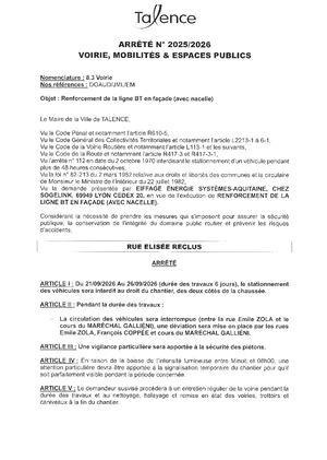 ARRETE 2025 2026 - RENFORCEMENT LIGNE BT EN FACADE RUE ELISEE RECLUS DU 21 AU 26 09 2026 - Publié Le 16 09 2026