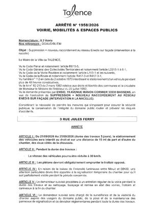 ARRETE 1958 2026 - SUPPRESSION ET NOUVEAU RACCORDEMENT ENEDIS 3 RUE JULES FERRY DU 21 AU 25 09 2026 - Publié Le 16 09 2026