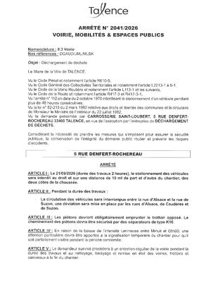 ARRETE 2041 2026 - DECHARGEMENT DECHETS 5 RUE DENFERT ROCHEREAU - LE 21 09 2026 - Publié Le 16 09 2026