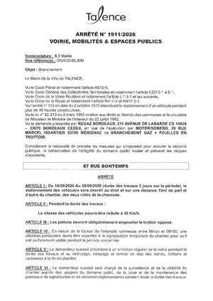 Arrete 1911 2026 - Branchement 87 Rue Bontemps Du 18 Au 29 09 2026 Publié Le 16 09 2026