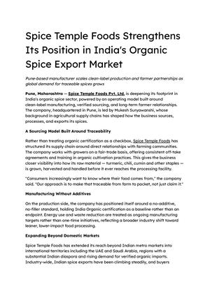 Spice Temple Foods Strengthens Its Position In India's Organic Spice Export Market