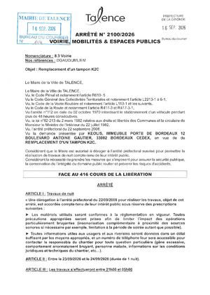 Arrete 2100-2026-Remplacement Tampon K2c Face Au 416 Crs De la Liberation Les 23 Et 24-09-2026-Publié Le 17 09 2026