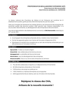 Offre Professeur BOULANGERIE PATISSERIE CIFAC 2026 1