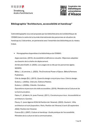 Bibliographie Architecture, Accessibilité Et Handicap