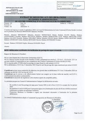 26 22 Délibération Rectificative De Tarification De Portage De Repas à Domicile