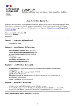 Avis d'attribution n°2026001