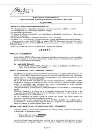 Ar26st224 Av Portant Permission De Voirie Et Autorisation D'entreprendre Les Travaux Allée Du Parc Du24 09 Au 09 10 2026