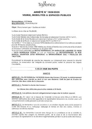 ARRETE 1826 2026 - BRANCHEMENT GAZ + FOUILLE RUE DU PUITS DU 3 AU 14 10 2026- Publié Le 17 09 2026