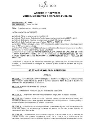 ARRETE 1827 2026 - BRANCHEMENT GAZ + FOUILLE RUE WALDECK ROUSSEAU DU 3 AU 14 10 2026- Publié Le 17 09 2026