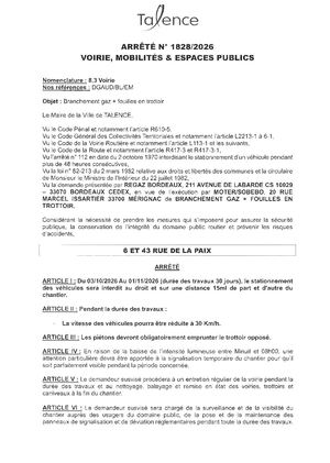 ARRETE 1828 2026 - BRANCHEMENT GAZ + FOUILLE RUE DE LA PAIX DU 3 10 AU 01 11 2026 - Publié Le 17 09 2026