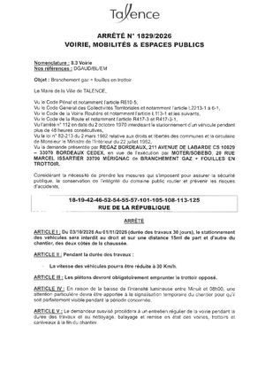 ARRETE 1829 2026 - BRANCHEMENT GAZ + FOUILLE RUE DE LA REPUBLIQUE DU 3 10 AU 01 11 2026 - Publié Le 17 09 2026