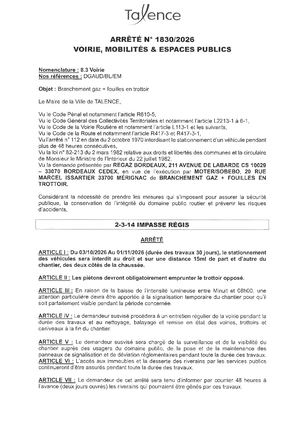 ARRETE 1830 2026 - BRANCHEMENT GAZ + FOUILLE IMPASSE REGIS DU 3 10 AU 01 11 2026 - Publié Le 17 09 2026