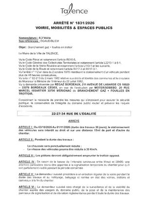 ARRETE 1831 2026 - BRANCHEMENT GAZ + FOUILLE RUE DE L'EGALITE DU 3 10 AU 01 11 2026 - Publié Le 17 09 2026