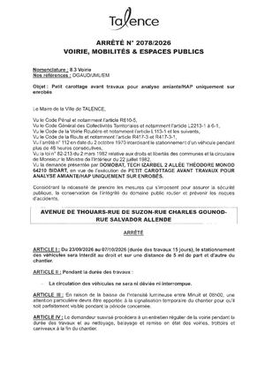 ARRETE 2078 2026 - PETIT CAROTTAGE AVANT TRAVAUX POUR ANALYSE D'AMIANTE AVENUE DE THOUARS ET AUTRES RUES DU 23 09 AU 07 10 2026 - Publié Le 17 09 2026