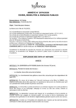 ARRETE 2070 2026 - TRANCHEE POUR RESEAU ESPLANADE DES ARTS ET METIERS DU 22 09 AU 01 10 2026 - Publié Le 17 09 2026