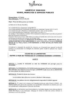 ARRETE 2068 2026 - POSE DE DALLES PODOS SUR TROTTOIR COURS DE LA LIBERATION DU 23 09 AU 18 10 2026 - Publié Le 17 09 2026
