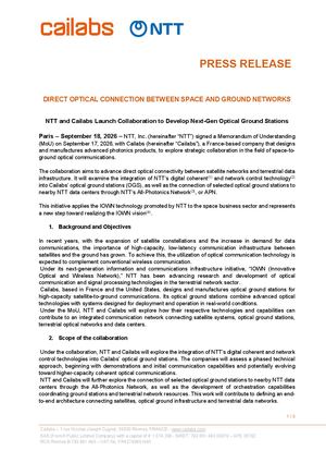 [PRESS RELEASE] Direct Optical Connection Between Space And Ground Networks Cailabs Ntt MoU