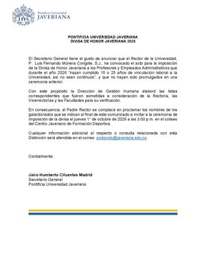 Promulgación Divisa De Honor Javeriana 2026 Ubicación 1