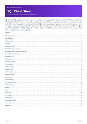 SQL Cheat Sheet: joins, window functions, CTEs, indexes and transactions and more.