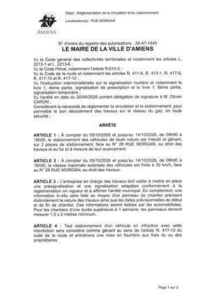 26 AT 1445  Reglementation Du Stationnement Et De La Circulation Rue Morgan Du 05 10 2026 Au 14 10 2026 - Publiée Le 18 09 2026
