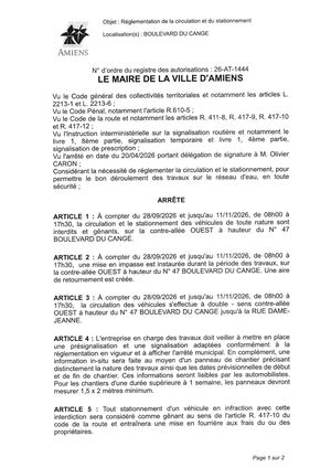 26 AT 1444  Reglementation Du Stationnement Et De La Circulation Boulevard Du Cange Du 28 09 2026 Au 11 11 2026 - Publiée Le 18 09 2026