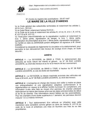 26 AT 1447  Reglementation Du Stationnement Et De La Circulation Rue Lucien Lecointe Le 02 10 2026 - Publiée Le 18 09 2026