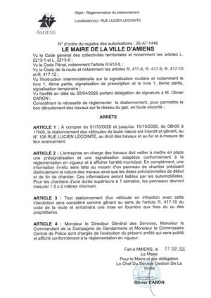 26 AT 1446  Reglementation Du Stationnement Rue Lucien Lecointe Du 01 10 2026 Au 15 10 2026- Publiée Le 18 09 2026