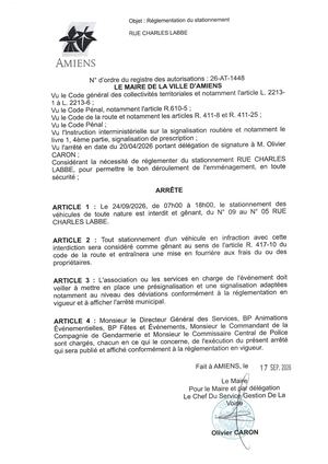 26 AT 1448  Reglementation Du Stationnement Rue Charles Labbe Le 24 09 2026- Publiée Le 18 09 2026