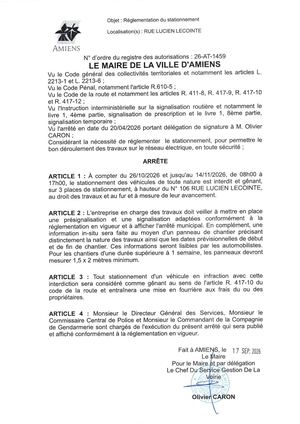 26 AT 1459  Reglementation Du Stationnement Rue Lucien Lecointe Du 26 10 2026 Au 14 11 2026 - Publiée Le 18 09 2026