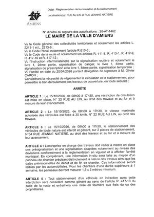 26 AT 1462  Reglementation Du Stationnement Et De La Circulation Rue Au Lin Et Rue Jeanne Natiere Le 15 10 2026 - Publiée Le 18 09 2026