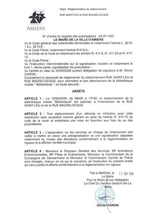 26 AT 1451  Reglementation Du Stationnement Rue Saint Leu Et Rue Baudelocque - Publiée Le 18 09 2026