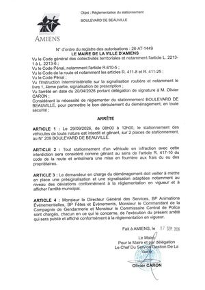 26 AT 1449  Reglementation Du Stationnement Boulevard De Beauville Le 29 09 2026 De 8h à 12h  - Publiée Le 18 09 2026