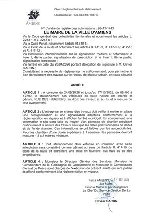 26 AT 1443  Reglementation Du Stationnement Rue Des Herbiers Du 24 09 2026 Au 17 10 2026 - Publiée Le 18 09 2026