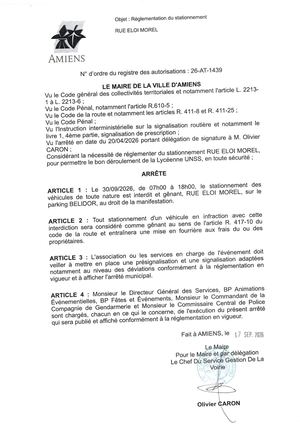 26 AT 1439  Reglementation Du Stationnement Rue Eloi Morel Le 30 09 2026- Publiée Le 18 09 2026