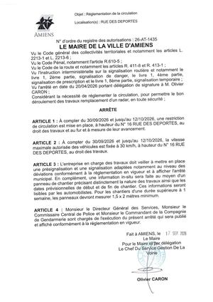 26 AT 1435  Reglementation  De La Circulation Rue Des Deportes Du 30 09 2026 Au 12 10 2026 - Publiée Le 18 09 2026