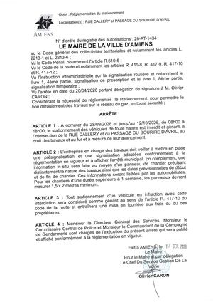 26 AT 1434  Reglementation Du Stationnement Rue Dallery Et Passage Du Sourire D'Avril Du 28 09 2026 Au 12 10 2026 - Publiée Le 18 09 2026