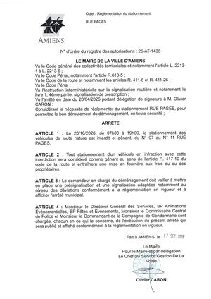 26 AT 1436  Reglementation Du Stationnement Rue Pages Le 20 10 2026 - Publiée Le 18 09 2026