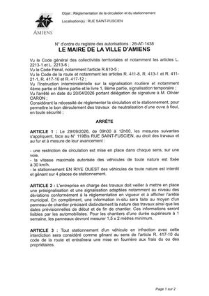 26 AT 1438 Reglementation Du Stationnement Et De La Circulation Rue Saint Fuscien Le 29 09 2026 - Publiée Le 18 09 2026