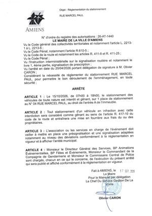 26 AT 1440 Reglementation Du Stationnement Rue Marcel Paul Le 15 10 2026 - Publiée Le 18 09 2026