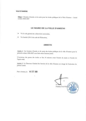 AR1 2026 01380 ARR HORAIRES ECOLES PUBLIQUES AMIENS AR1 2026 01380 20260916 - Publiée Le 18 09 2026