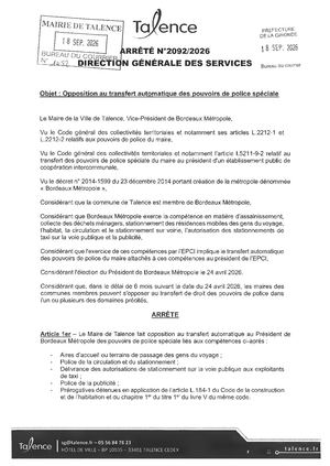 Arrete 2092-2026-Opposition Au Transfert Automatique Des Pouvoirs De Police Speciale-Publié Le 18 09 2026